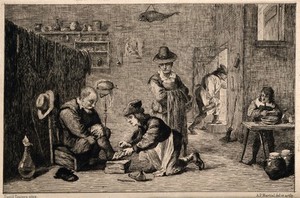 view A rural surgeon treating an elderly man's foot, in the background an assistant is mixing a concoction with a pestle and mortar in a surgery. Etching by A.T.J.M. Potémont after D. Teniers, the younger.