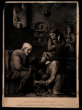 A surgeon (whose features resemble a monkey's) is treating the foot of an elderly man, his concerned wife observes the scene and an assistant enters the room with a bowl. Lithograph by R. Beltran after J. de Madrazo after D. Teniers the younger.