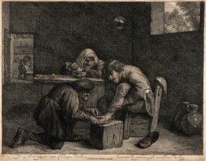 view A surgeon treating the foot of a male patient. Etching by C. Visscher after A. Brouwer.