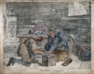 view A surgeon treating the foot of a male patient. Coloured pencil drawing by C. Boyle-Walsingham, 1762, after A. Brouwer.