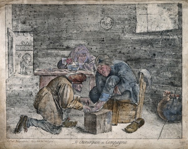 A surgeon treating the foot of a male patient. Coloured pencil drawing by C. Boyle-Walsingham, 1762, after A. Brouwer.