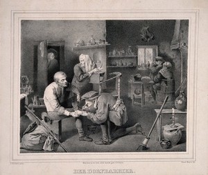 view A surgeon treating a patient's foot, in the background another surgeon is examining a patient in a surgery. Lithograph by E. Meyer after A.Brouwer.
