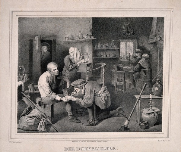 A surgeon treating a patient's foot, in the background another surgeon is examining a patient in a surgery. Lithograph by E. Meyer after A.Brouwer.