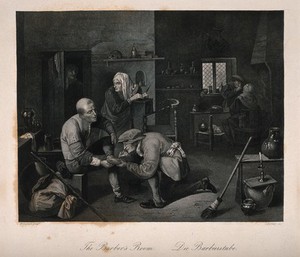 view A surgeon treating a patient's foot, in the background another surgeon is examining a patient in a surgery. Line engraving by F.A. Schröder after A. Brouwer.