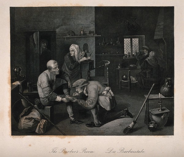 A surgeon treating a patient's foot, in the background another surgeon is examining a patient in a surgery. Line engraving by F.A. Schröder after A. Brouwer.