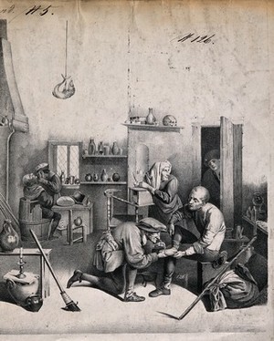 view A surgeon treating a patient's foot, in the background another surgeon is examining a patient in a surgery. Lithograph after A. Brouwer.
