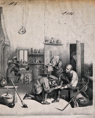 A surgeon treating a patient's foot, in the background another surgeon is examining a patient in a surgery. Lithograph after A. Brouwer.