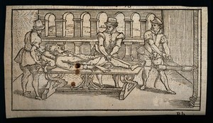 view A surgeon and two assistants using pulleys and ropes to aid traction for manipulating the body of a male patient. Woodcut, 1575.