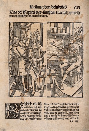 view An apothecary in his shop, with three customers. Woodcut.