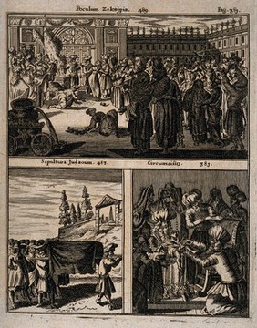 Three scenes: a woman undergoing a trial for adultery, a Jewish burial and circumcision ceremony. Etching after a woodcut, 1682.