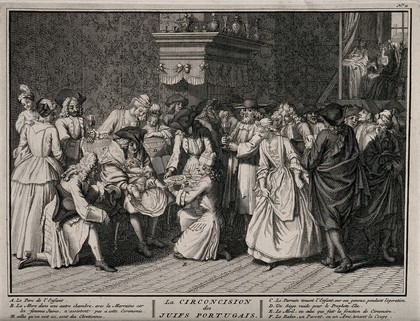 A Portugese Jewish circumcision ceremony. Engraving, 1741, after B. Picart, 1722.