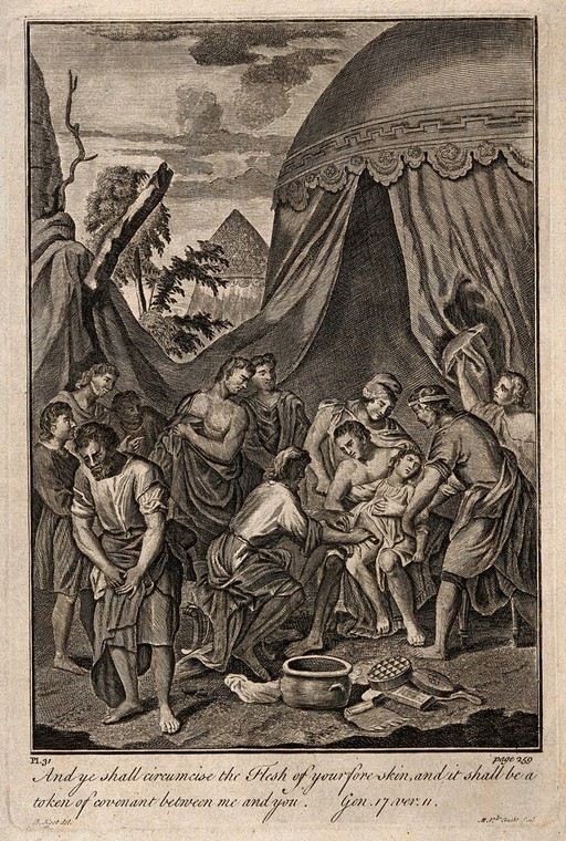 Abraham and his men circumcising themselves. Engraving by M. van der Gucht after G. Hoet.