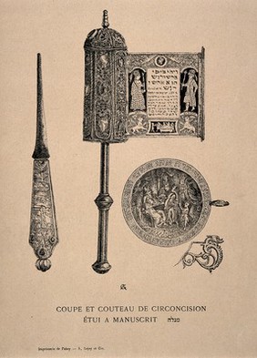 A plate decorated with a circumcision scene, a knife for performing the ceremony and the Scroll of Torah. Process print after C.A.