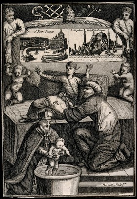 The western and eastern churches represented by St. Peter's in Rome and S. Sophia in Istanbul (Constantinople); Jewish circumcision and the baptism of a baby by a bishop . Engraving by R. Smith.