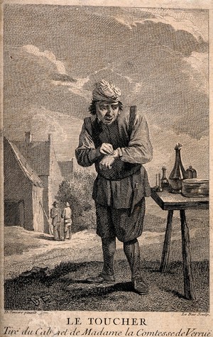 view A man applying a plaster to his hand outside in a rural setting; representing the sense of touch. Etching by J.P. Le Bas, 1736, after D. Teniers the younger.