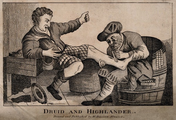 A surgeon applying a plaster to an irate male patient's leg. Etching.