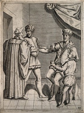 An older surgeon instructing a younger surgeon on how to bleed a male patient's arm. Engraving, 1586.