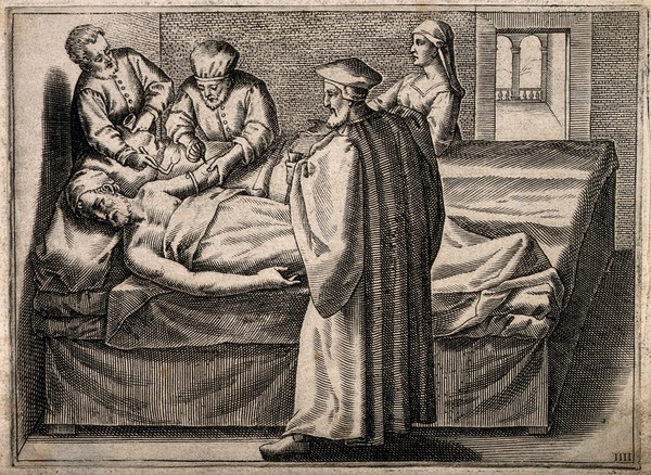 A surgeon about to bleed a man's arm, he is aided by an older surgeon and an assistant, a woman (the patient's wife ?) is present. Engraving, 1586.