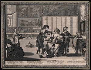 view A surgeon about to let blood from a woman patient in a richly furnished room. Engraving by A. Bosse.