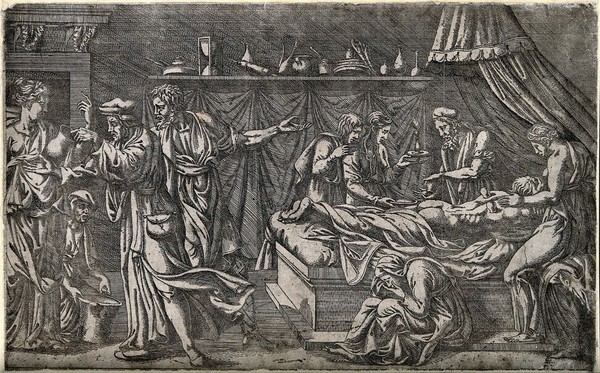 A surgeon applying the method of cupping to a man's back: they are surrounded by anxious family and friends. Etching by A. Fantuzzi, ca. 1542, after G. Romano.