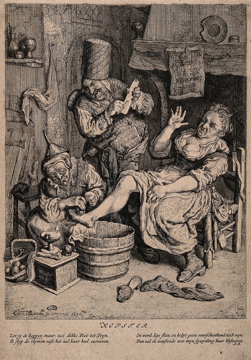 A female surgeon applying the method of cupping to a women patient, a male surgeon. Etching by C. Dusart, 1695, after himself.