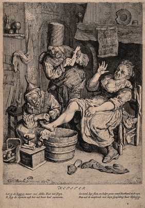 A woman surgeon and her assistant cupping a patient. Etching by C. Dusart, 1695.