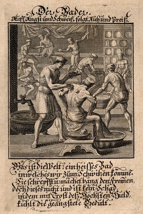 A bathing room attendant applying the method of cupping to a male customer in an active bathing house. Engraving by J.C. Weigel.