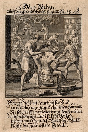 view A bathing room attendant applying the method of cupping to a male customer in an active bathing house. Engraving by J.C. Weigel.