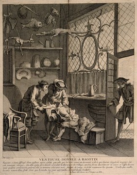 A surgeon applying the method of cupping to Ragotin, who believes his body has swelled in his sleep. Engraving by G. Huquier the elder after J.B. Oudry.