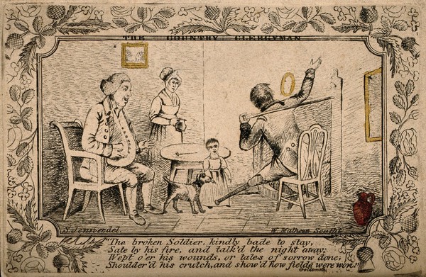 An old soldier with a wooden leg telling a family about his experiences. Etching by W. Matthews after S. Jennen.