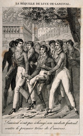 J. Luce de Lancival, a professor and poet, with an artificial leg walking with a group of men. Etching.