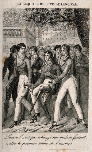 view J. Luce de Lancival, a professor and poet, with an artificial leg walking with a group of men. Etching.