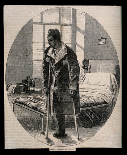 Royal Hospital Haslar: a soldier on crutches with an amputated leg, wounded after the Battle of the Alma. Wood engraving, 1855.