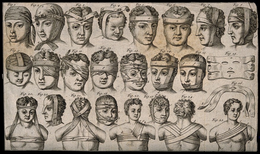 Three heads illustrating different methods of bandaging them and the jaw. Stipple engraving by J. Bell.