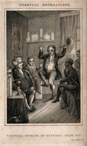 view A man dancing and laughing as a result of the effects of nitrous oxide gas. Engraving.