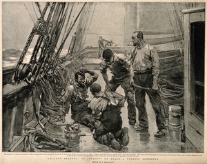 view A sailor setting the broken leg of another sailor after an accident on deck. Halftone after F. Brangwyn, 1895.