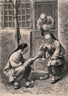 A travelling chiropodist tending to a male patient's foot, Beijing. Wood engraving by T.H. Hildibrand after E. Ronjat after J. Thomson.