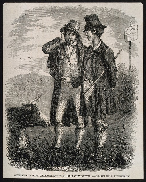 An Irish cow doctor points to a kneeling cow, observed by its concerned owner. Wood engraving by E. Fitzpatrick, 1850/1870?