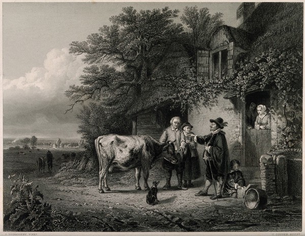 A cow-doctor stands outside a rural cottage and points to an ailing cow, observed by its anxious owners. Steel engraving by C. Cousen after C. Tschaggeny, ca. 1860.
