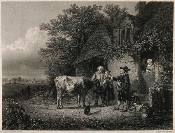 A cow-doctor stands outside a rural cottage and points to an ailing cow, observed by its anxious owners. Steel engraving by C. Cousen after C. Tschaggeny, ca. 1860.
