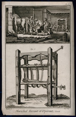 view The forge of a blacksmith, with a harness and frame for use in the shoeing of horses. Etching by R. Bénard after Harguinier, 1760/1790?.