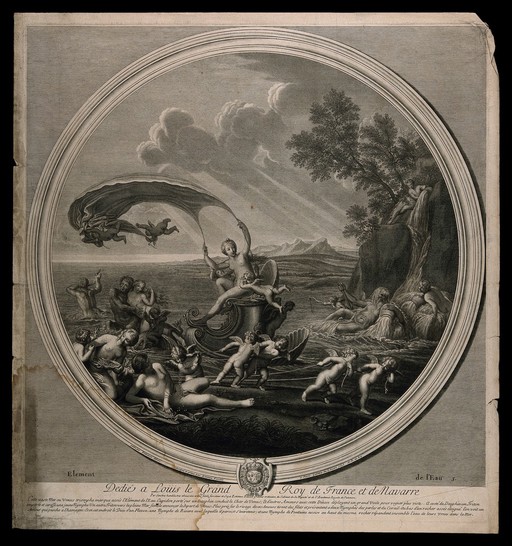 Venus riding a scallop shell chariot over the seas accompanied by Neptune, nymphs and cherubs, symbolising the element water. Engraving by E. Baudet, 1695, after F. Albani.