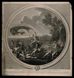 view Venus riding a scallop shell chariot over the seas accompanied by Neptune, nymphs and cherubs, symbolising the element water. Engraving by E. Baudet, 1695, after F. Albani.