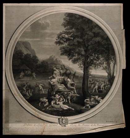 Cybele, Bacchus, Ceres and Flora on a chariot drawn by lions surrounded by all forms of natural abundance and cherubs, symbolising the element earth. Engraving by E. Baudet, 1695, after F. Albani.