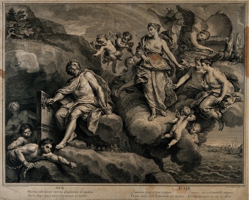Juno in the sky with her chariot drawn by peacocks and surrounded by nymphs and cherubs, Jupiter is below on the ground, symbolising the element air. Engraving by C. Dupuis, 1718, after Louis de Boullongne.