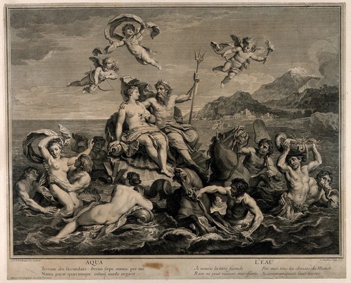 Venus and Neptune sit on the scallop shell chariot amidst the waves, surrounded by nymphs and mermen: symbolising the element water. Engraving by L. Desplaces, 1718, after Louis de Boullongne.