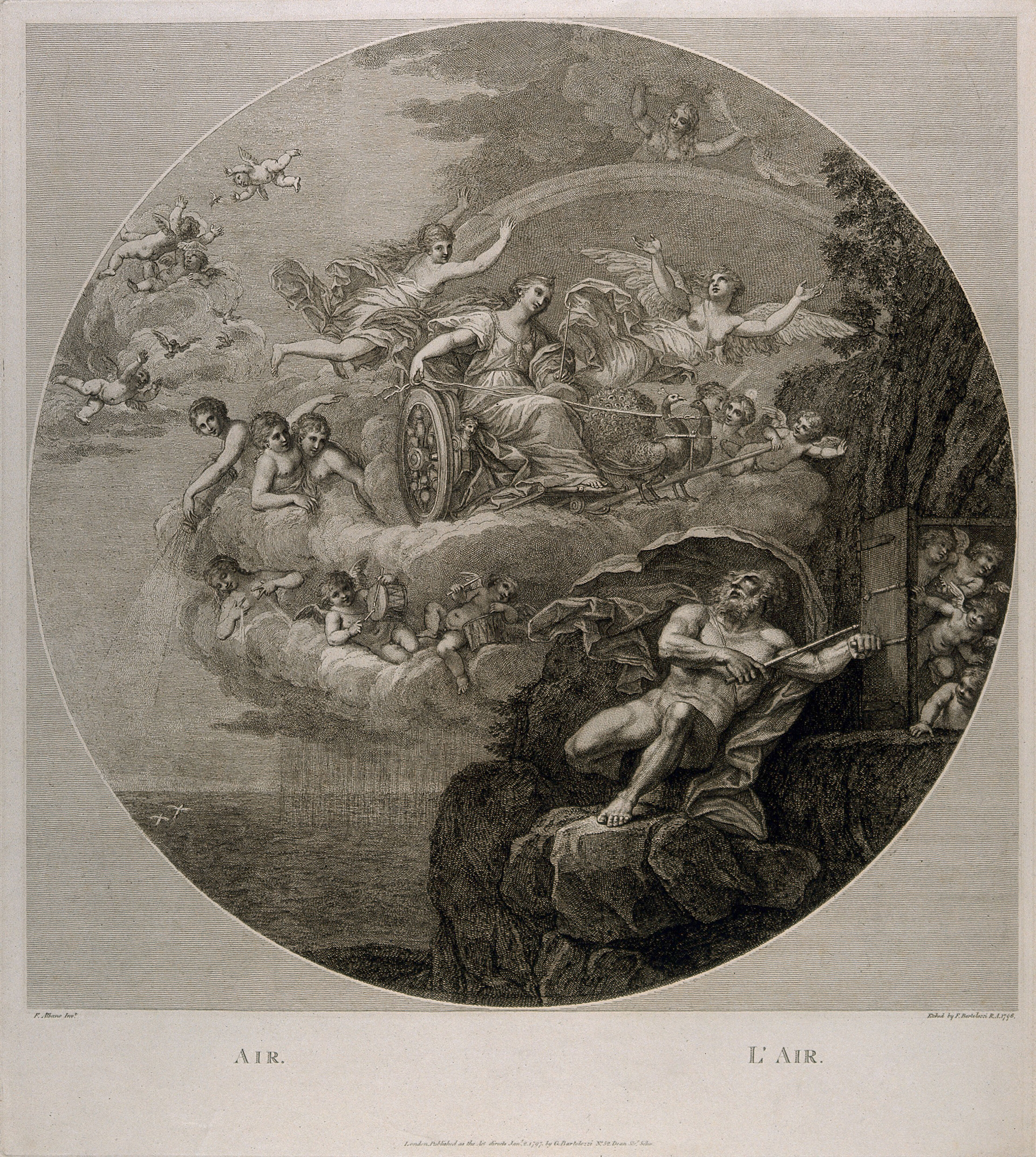 Juno in a chariot drawn by two peacocks flying through the sky surrounded by nymphs and cherubs, Jupiter on the ground trying to lock up a group of putti, symbolising the element air. Etching by F. Bartolozzi, 1796, after F. Albani.