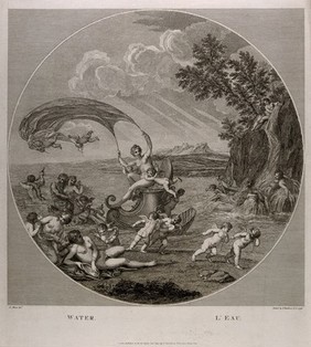 Galatea riding a scallop shell chariot over the seas accompanied by Neptune, nymphs and cherubs, symbolising the element water. Etching by F. Bartolozzi, 1796, after F. Albani.