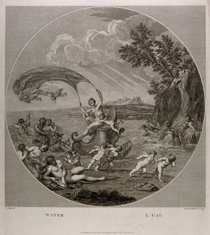 view Galatea riding a scallop shell chariot over the seas accompanied by Neptune, nymphs and cherubs, symbolising the element water. Etching by F. Bartolozzi, 1796, after F. Albani.