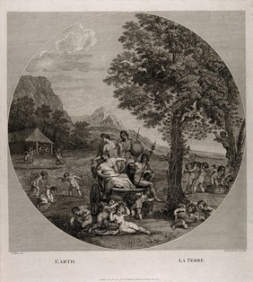 Cybele, Bacchus, Ceres and Flora on a chariot drawn by lions surrounded by all forms of natural abundance and cherubs: symbolising the element earth. Etching by F. Bartolozzi, 1796, after F. Albani.